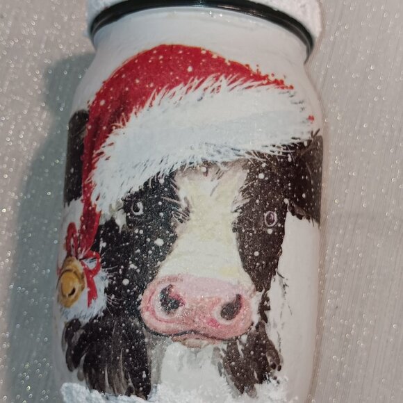 GLASS MASON Ball JAR Handmade decorated country Christmas snow santa hat Cow - Picture 1 of 4